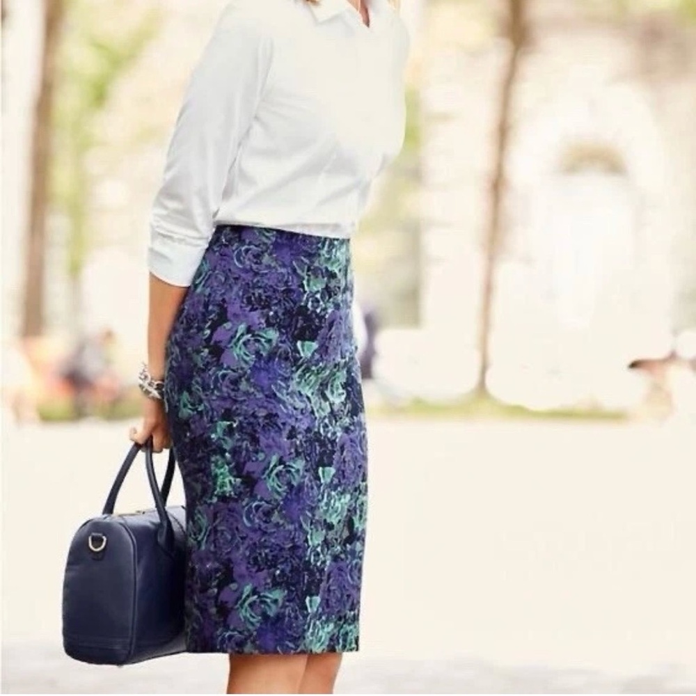 Talbots NWT Floral Pencil Skirt Preppy Office Artsy Slit Purple/Mint/Blk Sz 12p